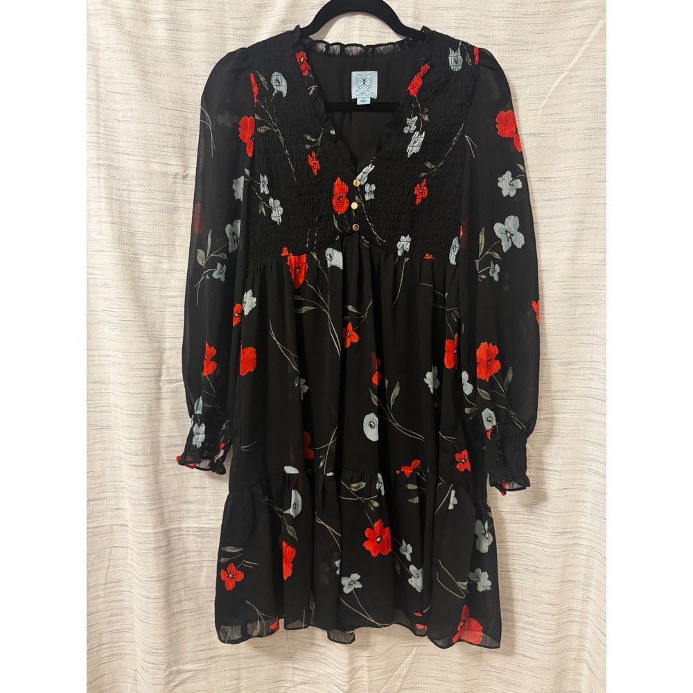 CeCe Black Floral Smocked V-Neck Mini Dress Long Sleeve Red Blue Size S